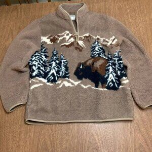 Large Viral Mens Women Old Navy Bison Buffalo Sherpa Fleece Zip Pullover Sweater
